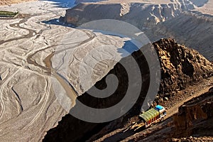 The truck carries cargo in the Himalayas. Top view of the Kali Gandaki gorge. Nepal. Kingdom of Mustang photo