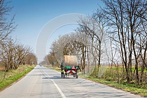 Truck carries one hay roll along asphalt road