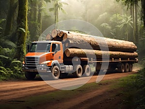 Truck carrying logs on the dirt road in the rainforest