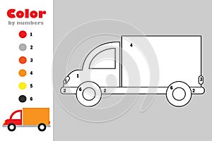 Truck in cartoon style, color by number, education paper game for the development of children, coloring page, kids preschool photo