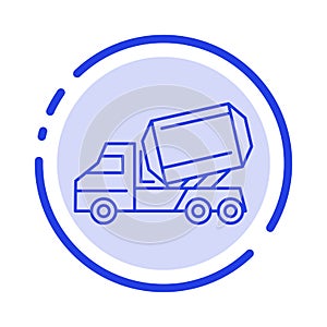 Truck, Cement, Construction, Vehicle, Roller Blue Dotted Line Line Icon