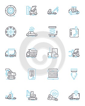 Truck compnts linear icons set. Suspension, Axle, Chassis, Shock, Brake, Drivetrain, Engine line vector and concept