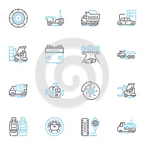 Truck compnts linear icons set. Suspension, Axle, Chassis, Shock, Brake, Drivetrain, Engine line vector and concept