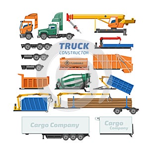 Truck constructor vector delivery vehicle or cargo transportation and trucking construction illustration set of concrete