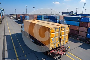 A truck with a container in the back. A truck carrying containers from the port