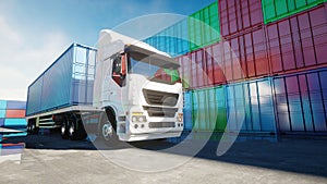 Truck in container depot, wharehouse, seaport. Cargo containers. Logistic and business concept. 3d rendering.