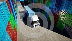 Truck in container depot, wharehouse, seaport. Cargo containers. Logistic and business concept. 3d rendering.