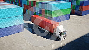 Truck in container depot, wharehouse, seaport. Cargo containers. Logistic and business concept. 3d rendering.