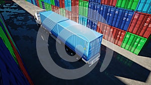 Truck in container depot, wharehouse, seaport. Cargo containers. Logistic and business concept. 3d rendering.