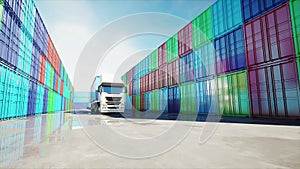 Truck in container depot, wharehouse, seaport. Cargo containers. Logistic and business concept. Realistic 4k animation.