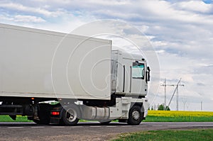 Truck with container on highway, cargo transportation concept.