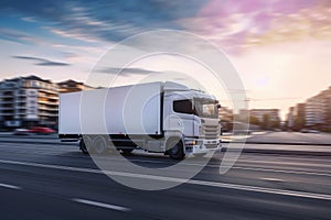 Truck with container on highway, cargo transportation concept. Fast delivery, blurred motion