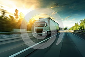 Truck with container on highway, cargo transportation concept. Fast delivery, blurred motion