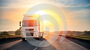 Truck with container on highway with sun light. Concept cargo transportation banner. Blur move effect