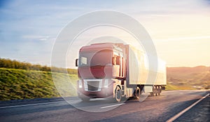 Truck with container on highway with sun light. Concept cargo transportation banner. Blur move effect