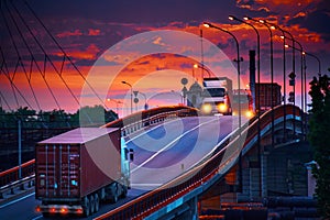 Truck with container rides on the road, railroad transportation, freight cars in industrial seaport at sunset