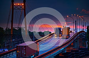 Truck with container rides on the road, railroad transportation, freight cars in industrial seaport at sunset