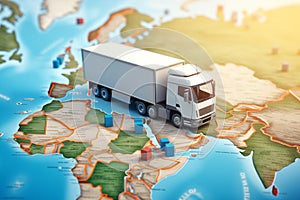 truck with container on a road map