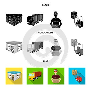 Truck, courier for delivery of pizza, forklift, storage room. Logistics and delivery set collection icons in black, flat