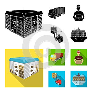 Truck, courier for delivery of pizza, forklift, storage room. Logistics and delivery set collection icons in black,flat