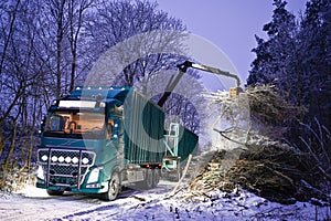 truck with crane lifting branches into containers