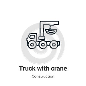Truck with crane outline vector icon. Thin line black truck with crane icon, flat vector simple element illustration from editable