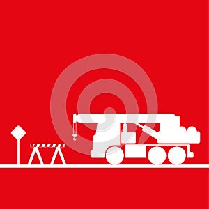 Truck crane in the workplace. Vector illustration. Red and white view