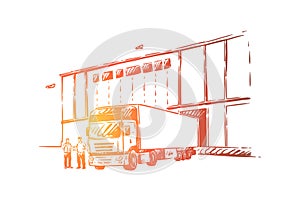 Truck delivering cargo, unloading goods into warehouse, logistics and distribution, wholesale supplier