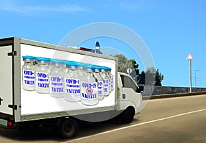 Truck delivering COVID-19 coronavirus vaccine