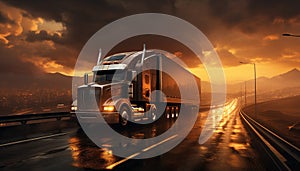 Truck delivering freight, speeding on multiple lane highway at dusk generated by AI