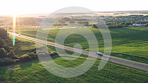 Truck Delivery Cargo On Intercity Highway At Sunset Background Aerial View