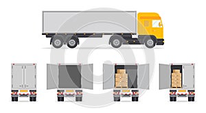 Truck for delivery. Lorry with back and side view. Open or closed back door. Box inside van for commercial order. Mockup of truck