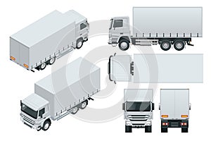 Truck delivery, lorry mock-up isolated template on white background. Isometric, side, front, back, top view. photo