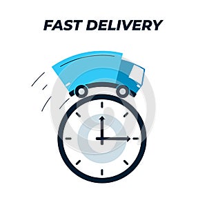 Truck delivery and watch face icon. Vector illustration of a freight car driving on top of the watch face. Loaded truck