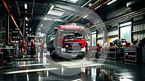 Truck is depicted in a repair shop undergoing maintenance AI Generated