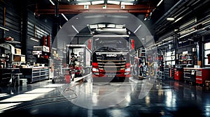 Truck is depicted in a repair shop undergoing maintenance AI Generated