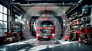 Truck is depicted in a repair shop undergoing maintenance AI Generated