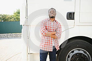 Truck Driver man African American muscular smiling, in long-time business transportation and delivery