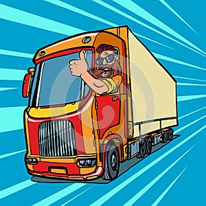 Truck driver. man with beard thumbs up