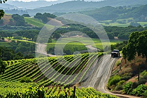 A truck driver navigating a narrow, winding road through a picturesque vineyard. Wine delivery concept