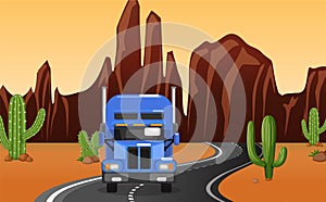 Truck with driver on the road of desert front view
