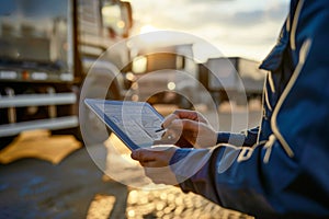 Truck driver signing electronic delivery form at sunset