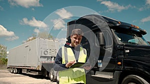 Truck driver standing by the truck in a yellow vest and using a tablet to fill a lookbook. Move camera