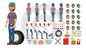 Truck Driver Vector. Animated Trucker Character Creation Set. Full Length, Front, Side, Back View, Accessories, Poses