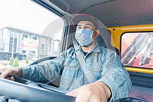 Truck driver wearing a mask