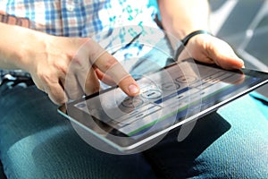 Truck driver working with electronic logbook. ELD