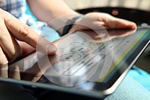 Truck driver working with electronic logbook. ELD photo