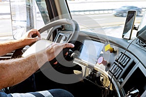 Truck drivers big truck driver& x27;s hands on big truck steering wheel