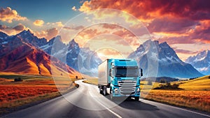 The truck drives down the highway surrounded by a picturesque landscape of mountain peaks and meadows.