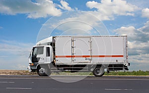 Truck Drives Suburban Highway Sunny Day